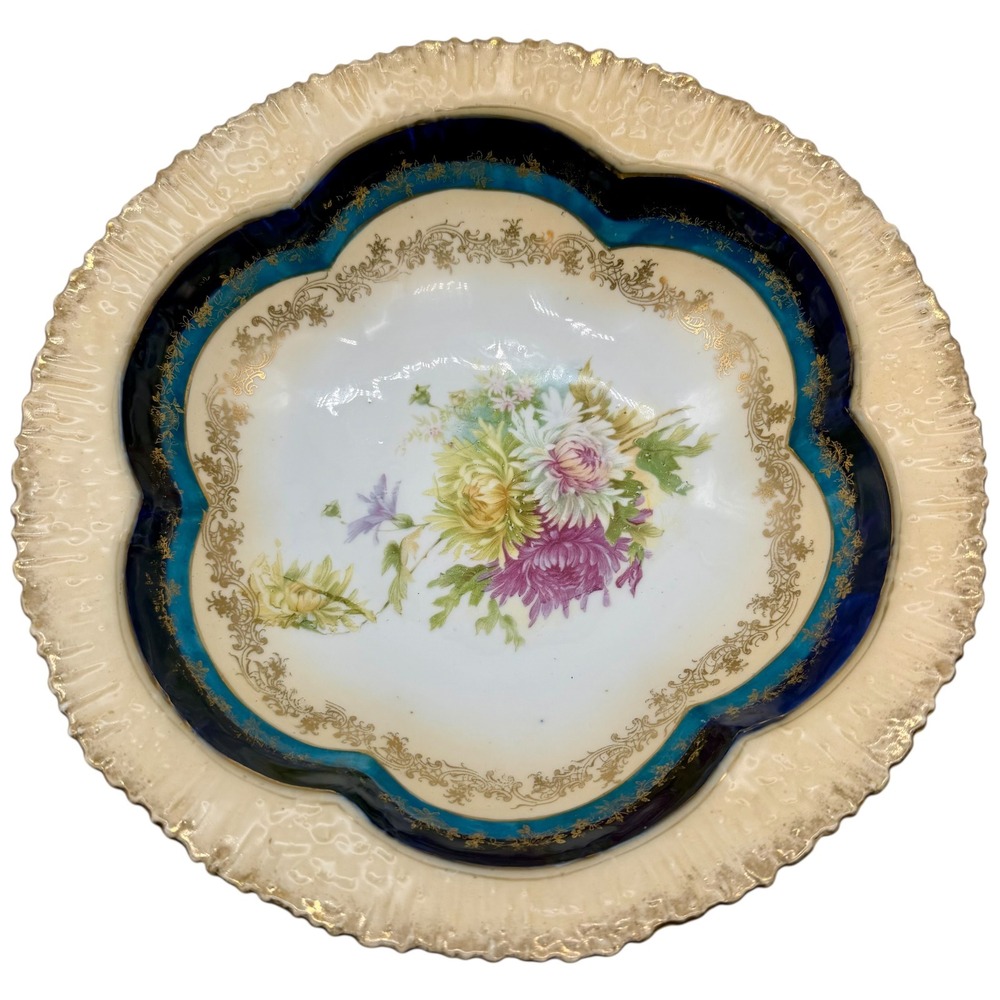 Antique Porcelain Floral Serving Bowl Cobalt Blue Gold Gilt Scalloped Rim 10in